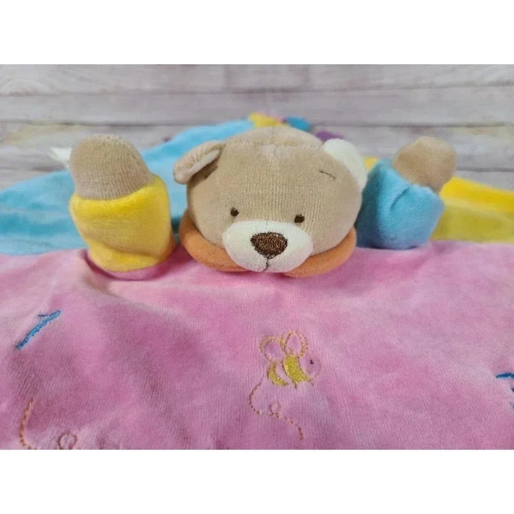 Vintage Plush Teddy Bear Puppet Lovey Security Blanket Teether Pink Yellow Blue